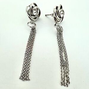 Vintage New Sterling Silver Rose Floral Rhinestone(CZ)Chains Dangle Earrings